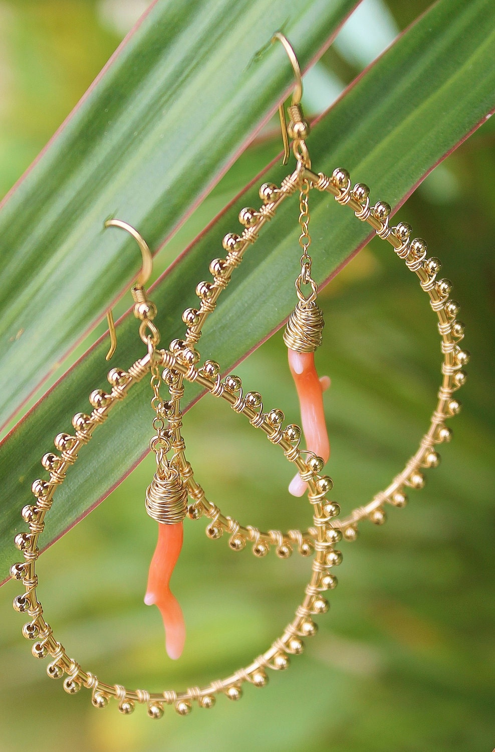 Natural Coral Branch Beaded Teardrop Hoop Earrings