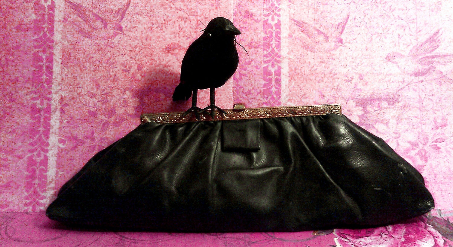 Antique Victorian Steampunk Black Clutch Purse- Gold Framed satin lined- Vintage old Spooky Gothic Mourning Handbag