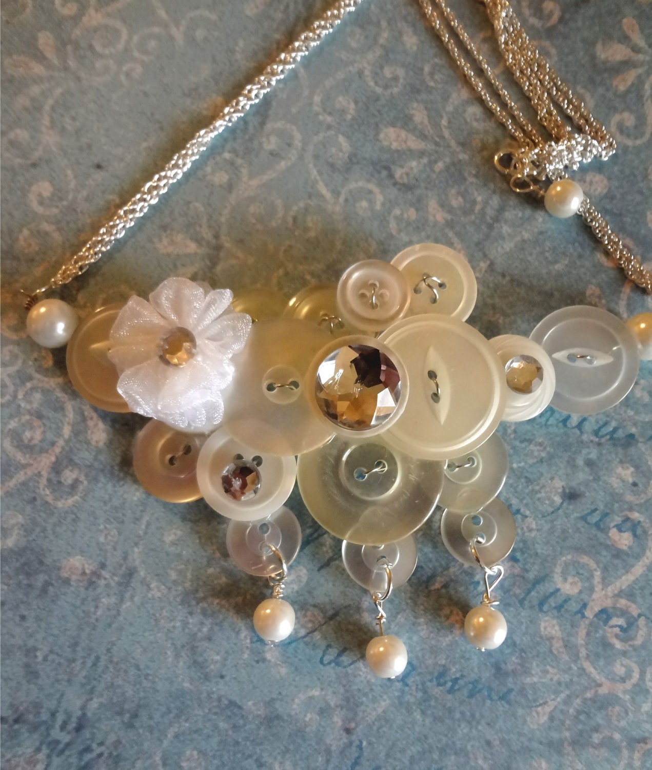 Pearls and Lace Button Necklace Button Jewelry Vintage Buttons Pearls Repurposed Buttons T824