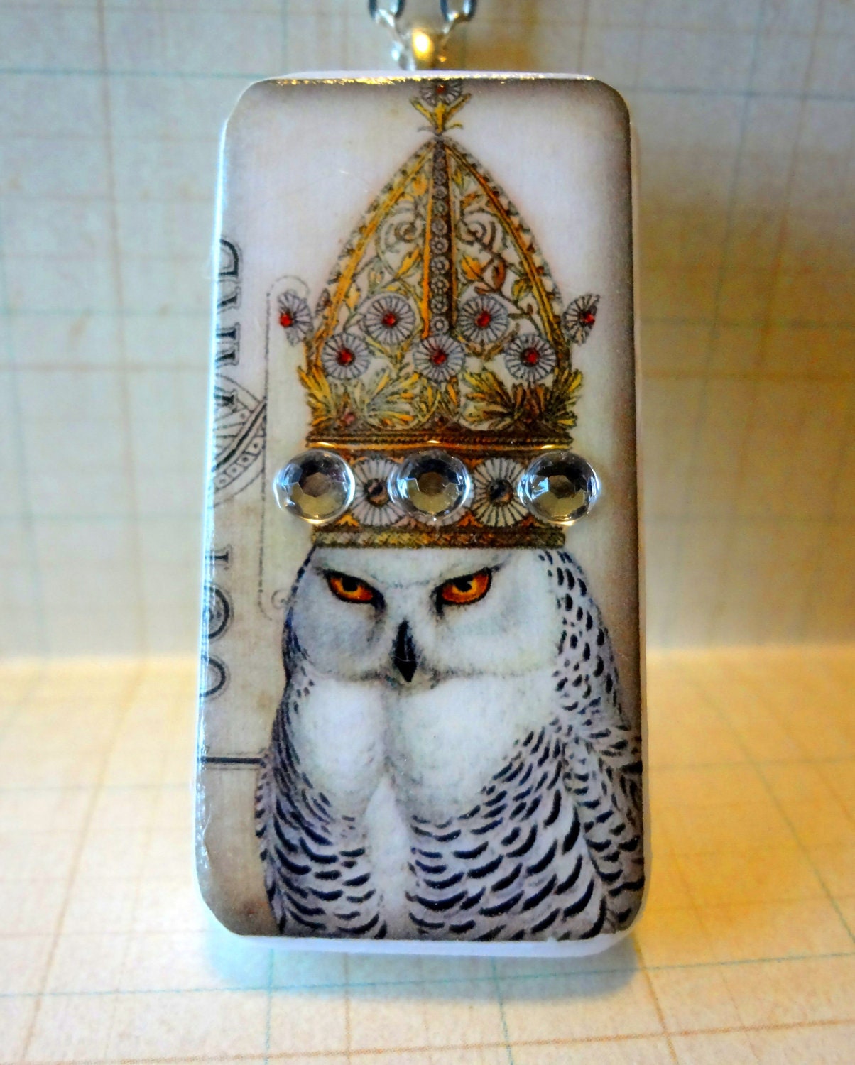 The Mighty White Owl Domnio Pendant Repurposed Domino Owl Domnio Jewelry T9