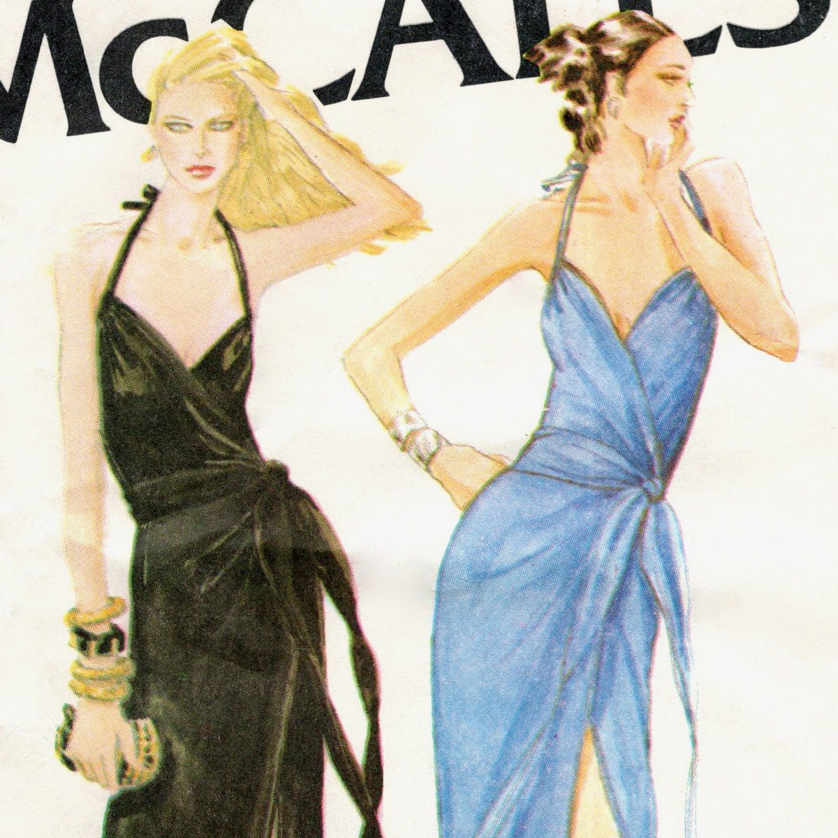 Late 1970s disco halter wrap dress pattern, cocktail or evening length -- McCall's 6575