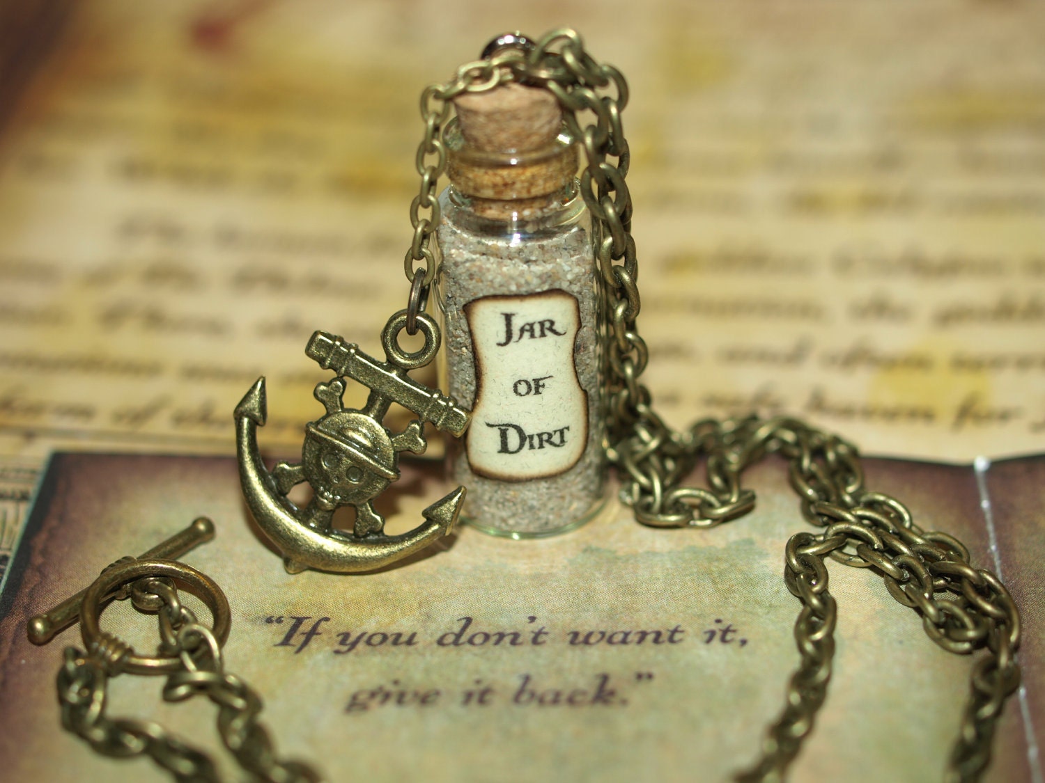 Necklace  Jar of Dirt and Antique Bronze Pirate Anchor Charm Disney Pirates of the Caribbean Jack Sparrow Tia Dalma