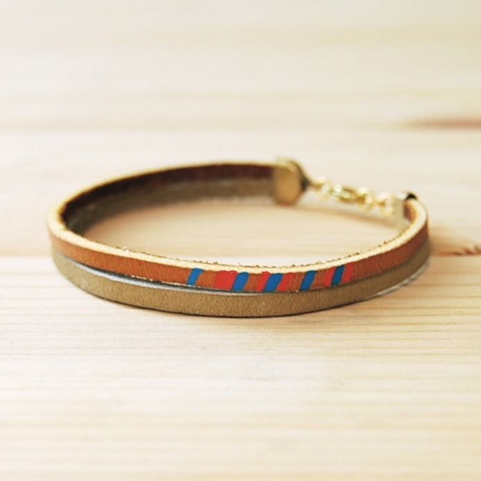 Leather Bracelet in Tan with Pink and Blue, "The Pecos Handpainted"