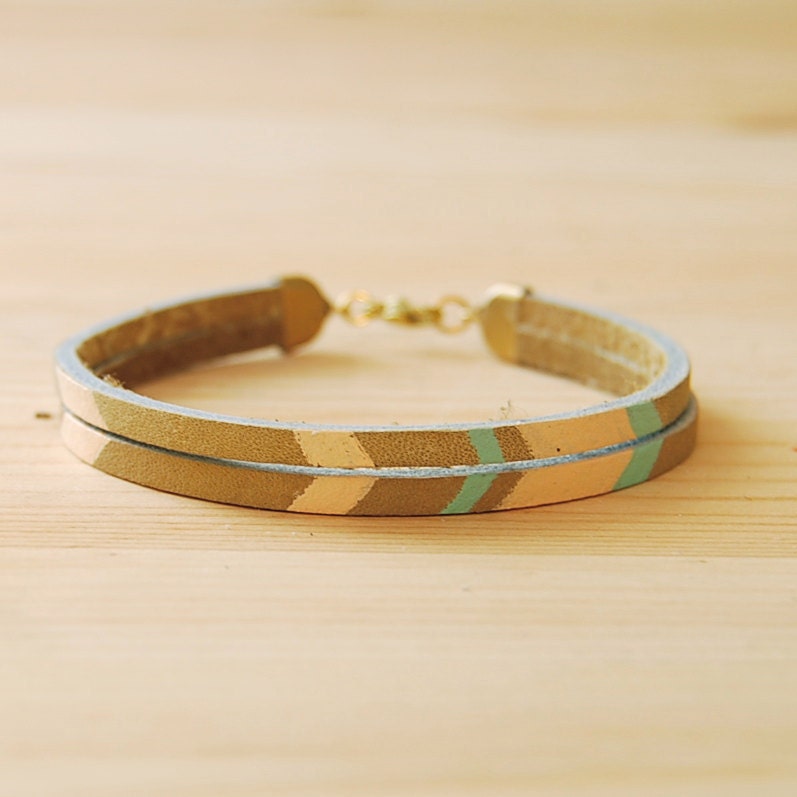 Leather Bracelet in Beige with Pink and Seafoam Green Chevron Pattern, "The Pecos Handpainted"