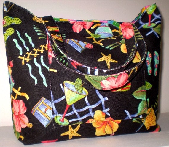 End of Summer Sale: Large Beach Bag/Tote Bag flip flops and martinis pattern. Cheers.... - emmabags