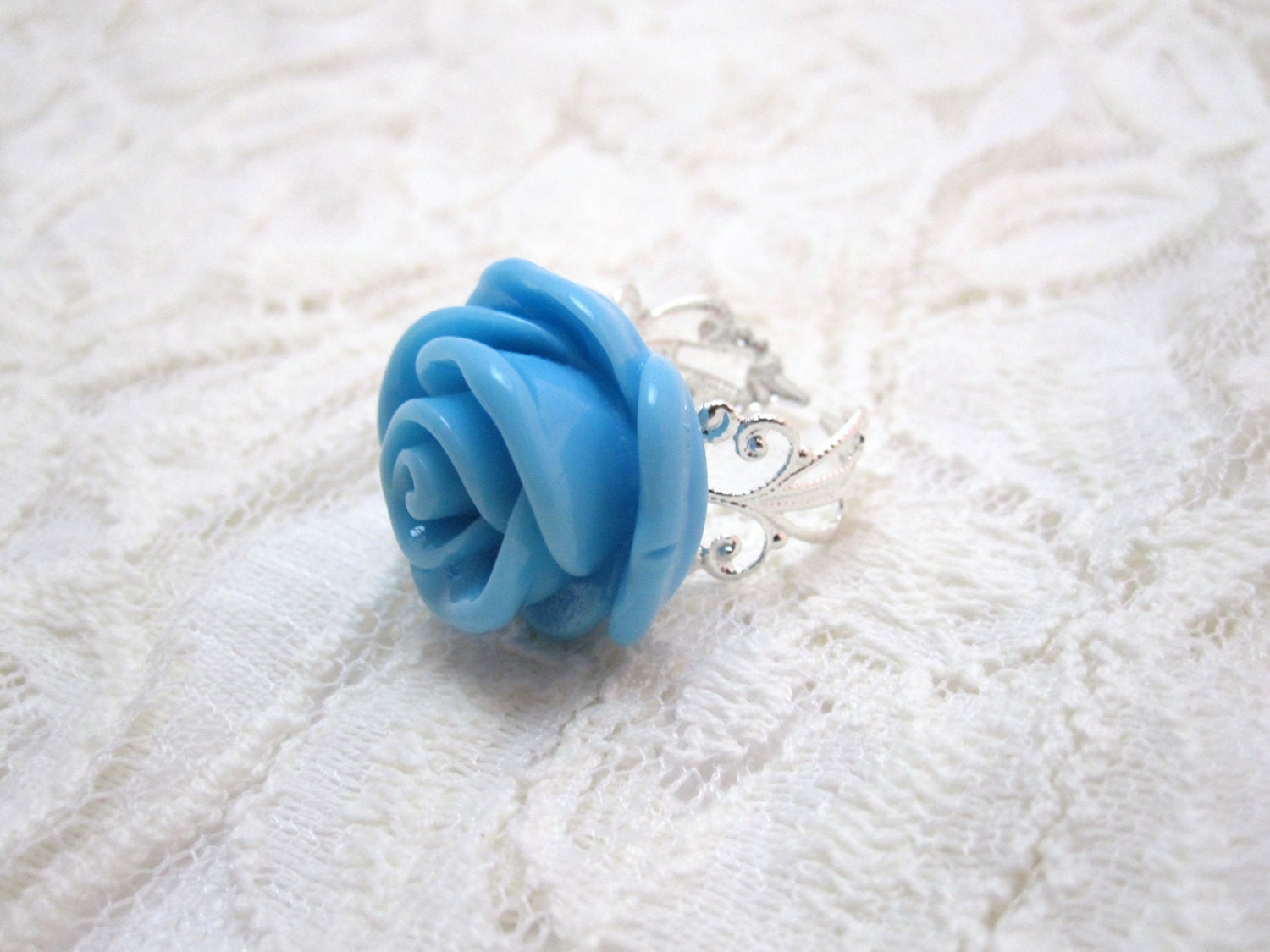 Baby blue rose cocktail ring - large blue icing rose on silver filigree adjustable ring