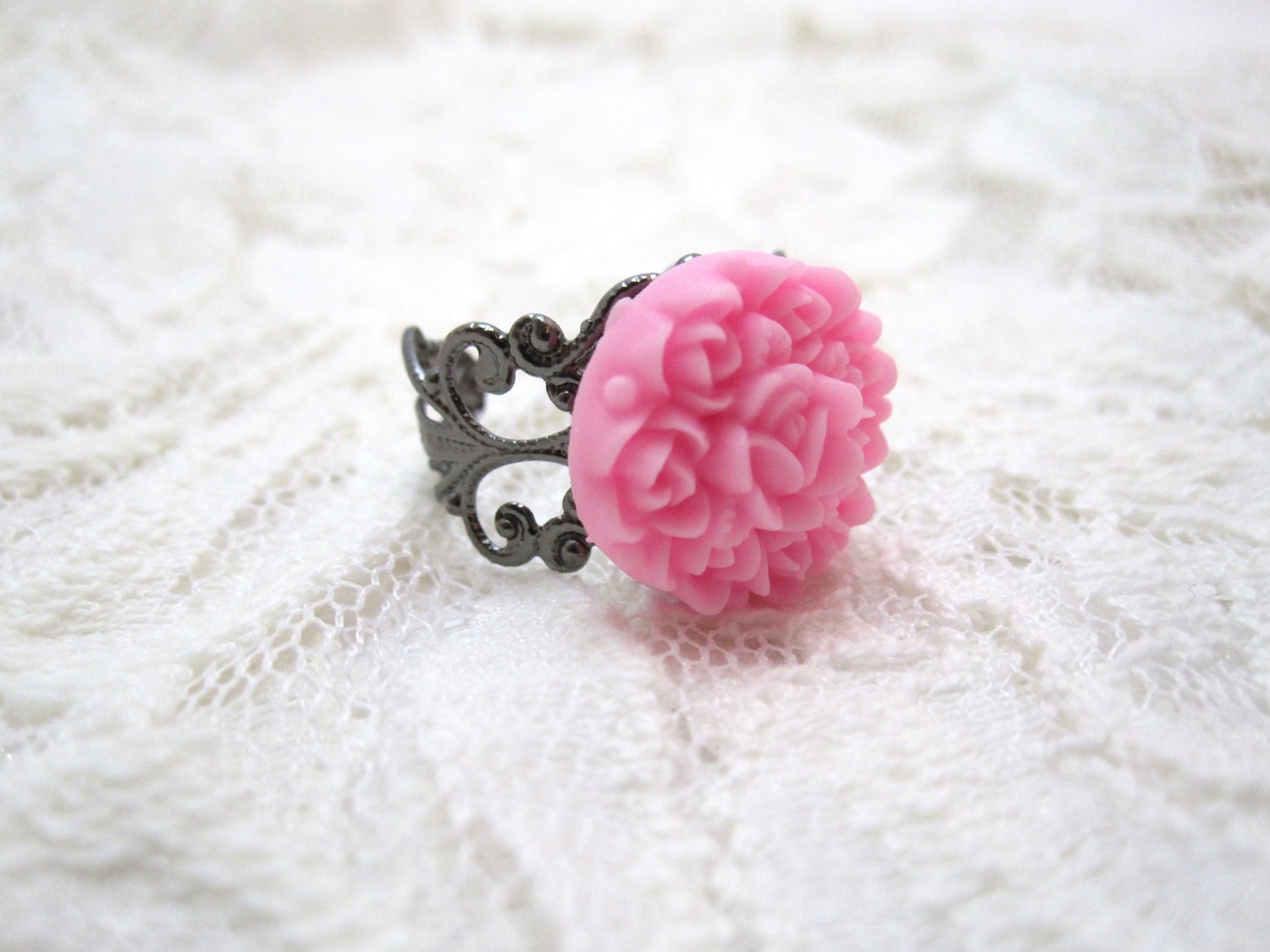 Bubblegum pink victorian roses ring - pink flowers on gun metal filigree adjustable ring