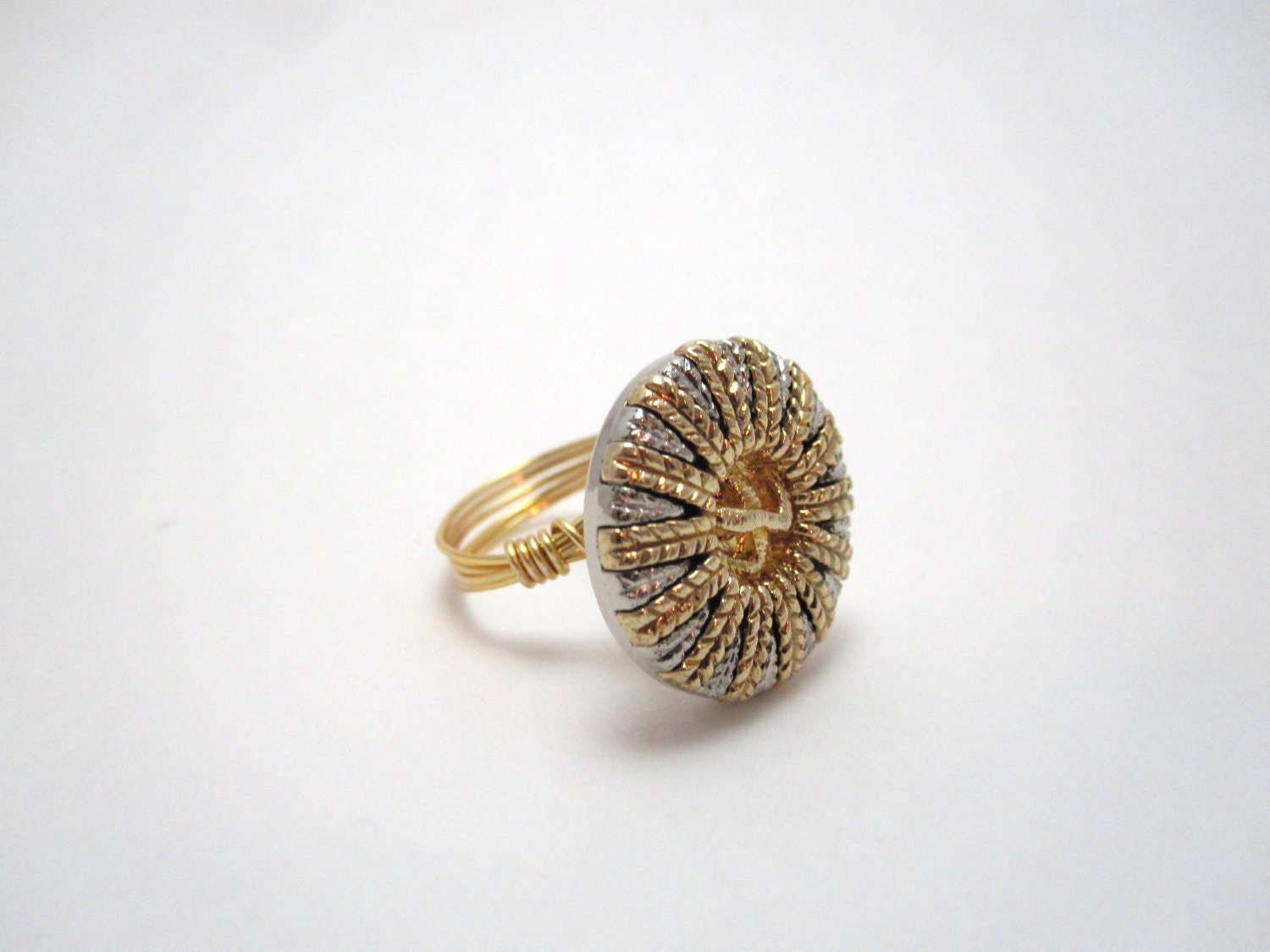 Wire wrapped button ring in silver and gold, made to order