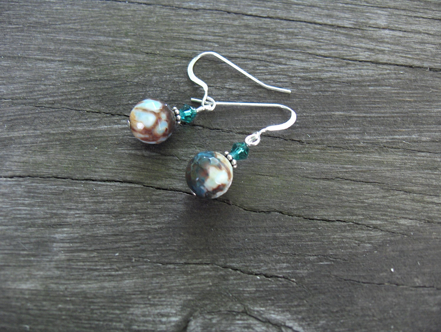 Teal, Brown, and Cream Faceted Agate Beaded Earrings - speckledbluedesigns