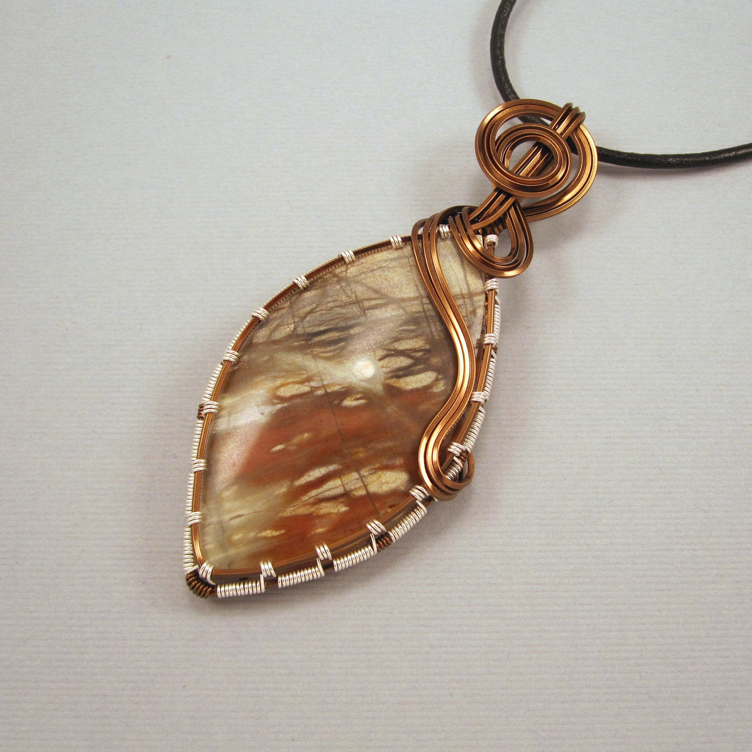 Wire Wrapped Pendant, Picasso Jasper cabochon in Copper on Black Leather Cord Necklace
