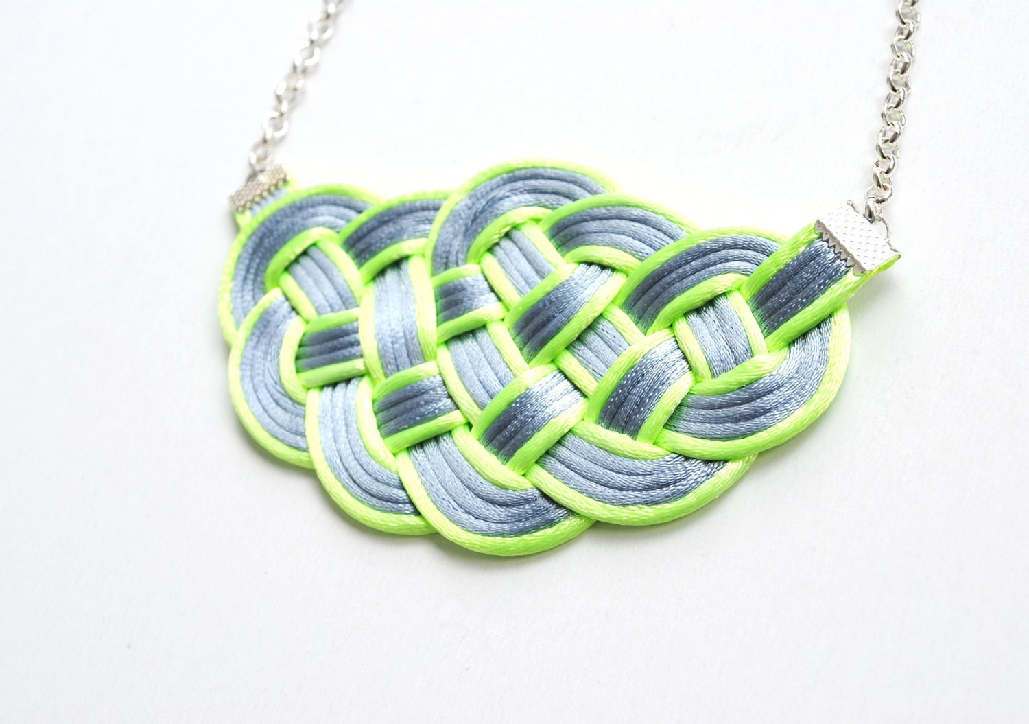 SALE 20% OFF - Grey and Chartreuse Satin Cords Knotted Necklace, Sailor's Knot, Rattail, Neon Green, Silver, Rope Jewelry