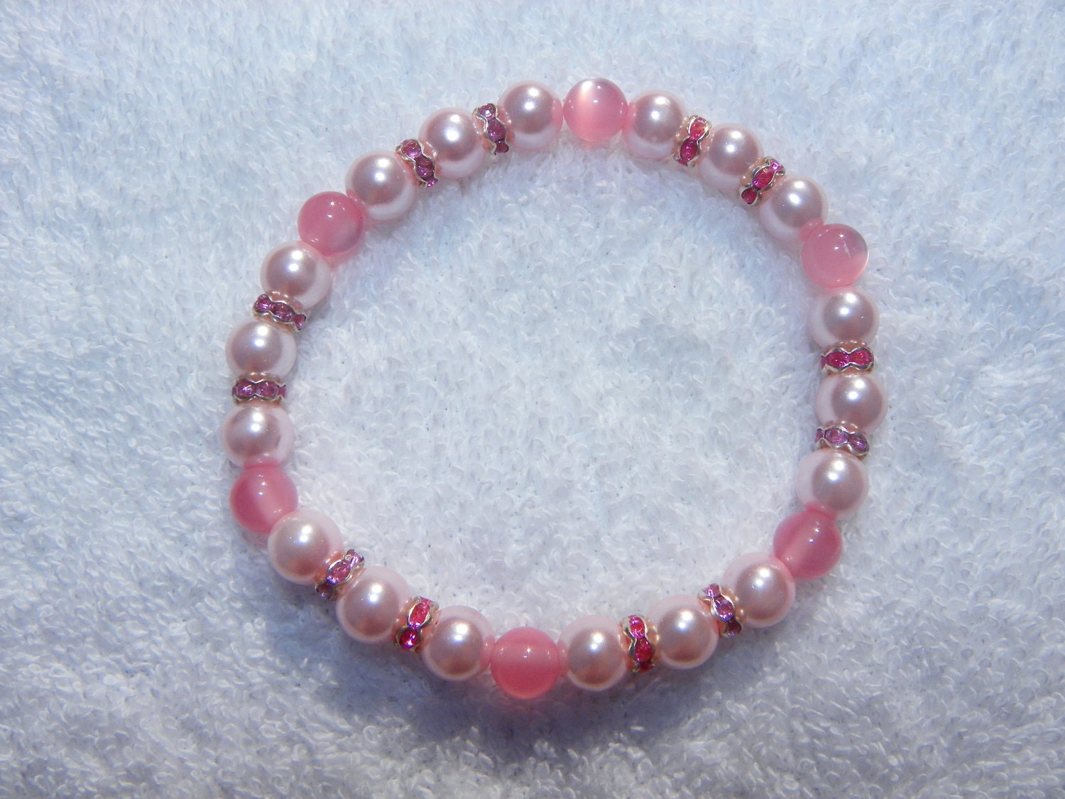Pretty in Pink Pearls, Pink Cats' Eyes and Pink Silver Plated Rhinestones Bracelet - Very pretty and feminine