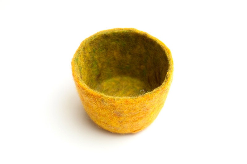 Felted Bowl Container Yellow Green Wool