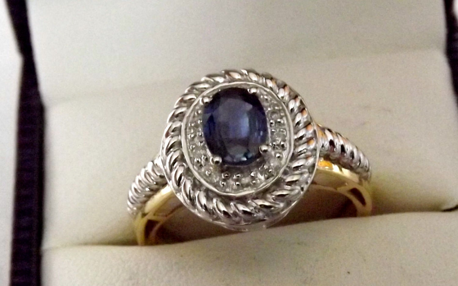 Vintage Blue Sapphire Diamond Ring/Right Hand/Engagement/ 10K 2 Tone Gold