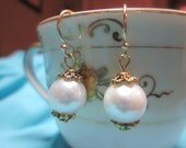 9mm Round White Freshwater Pearl Earrings Gold Ornate Beadcaps - Wedding Earrings - Bridal Earrings - Bridesmaid Earrings - Christmas Gift