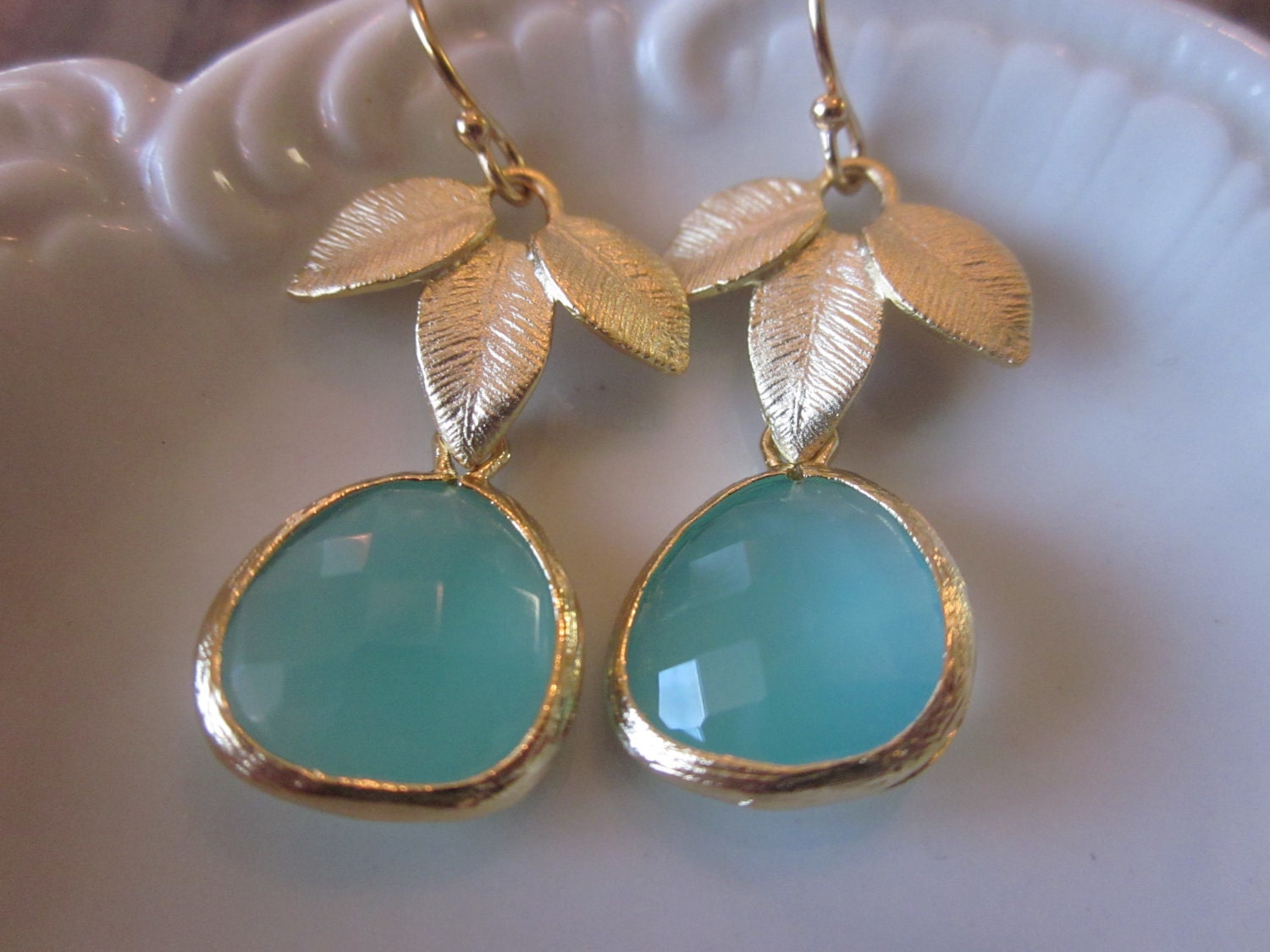 Aqua Earrings Gold Leaf - Bridal Earrings - Bridesmaid Earrings - Wedding Earrings - Two Tier