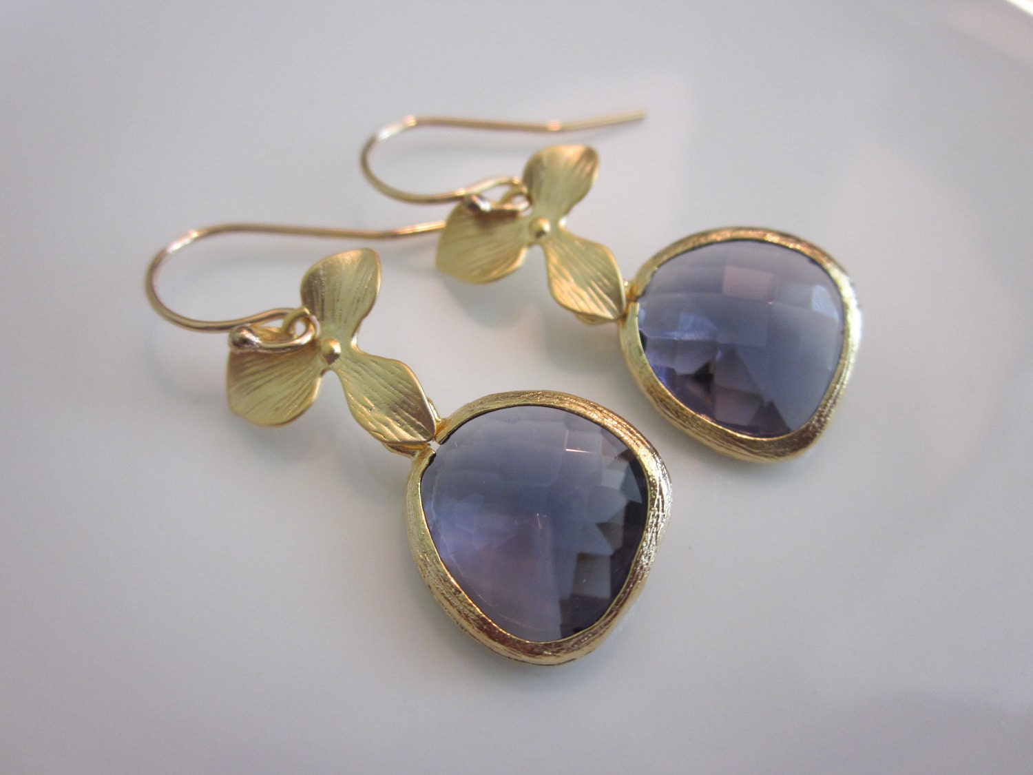 Gold Orchid Flower Tanzanite Purple Earrings - Glass Pendant - Bridesmaid Earrings - Bridal Earrings