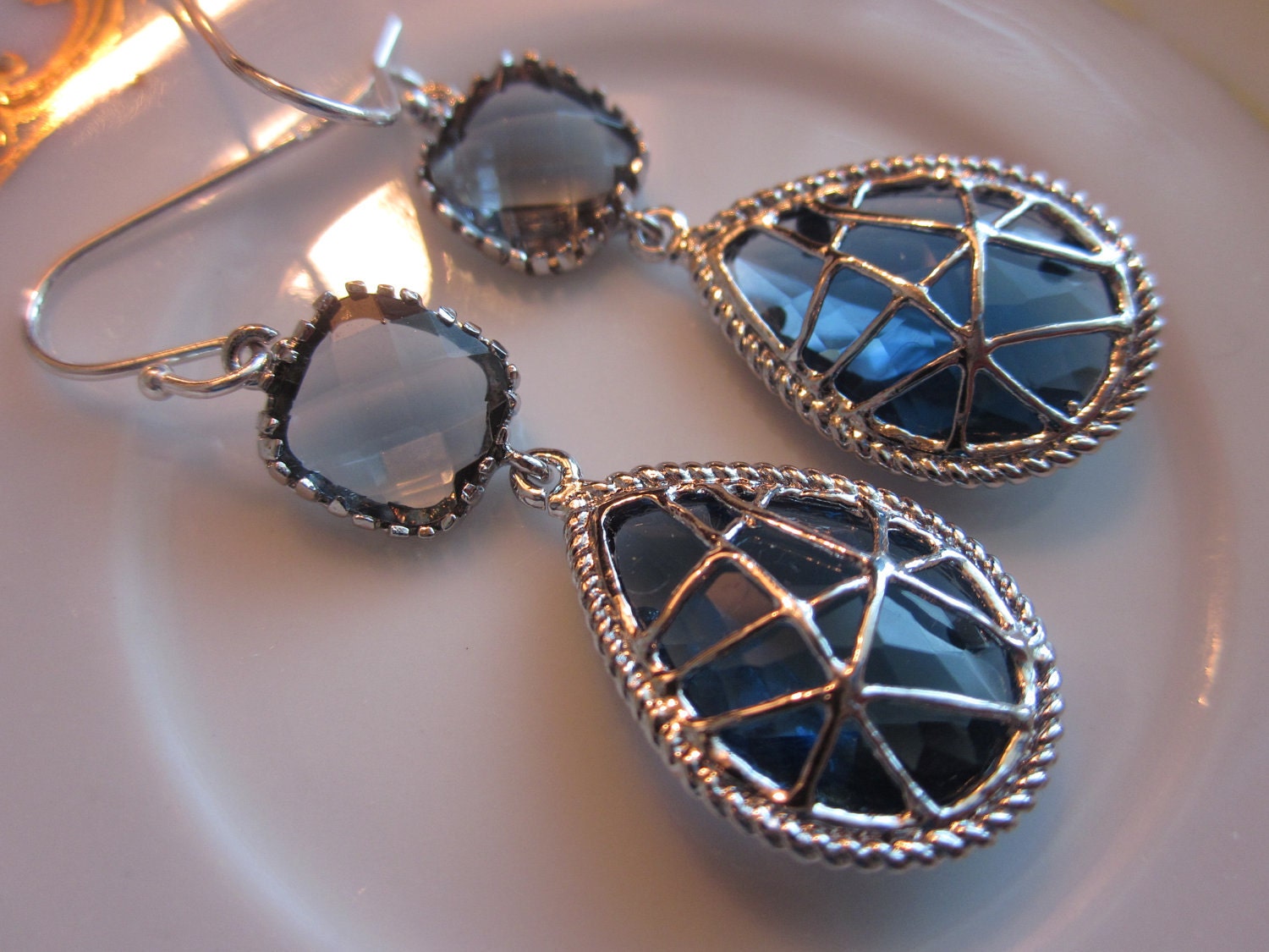 Sapphire Earrings Charcoal Square Two Tier - Sterling Silver Earwires - Bridesmaid Earrings - Bridal Earrings - Wedding Earrings