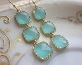 Aqua Blue Earrings Gold Plated - Three Tier Squares - Bridesmaid Earrings - Bridal Earrings
