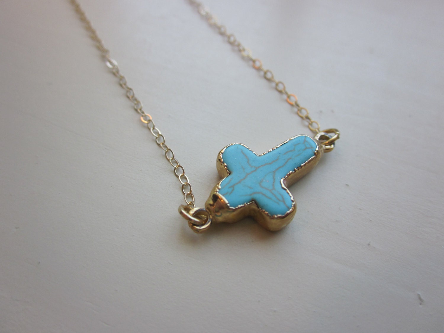 Turquoise Sideways Cross Necklace 24k Gold - 14k Gold Filled Chain - Wedding Jewelry - Bridesmaid Jewelry - Christmas Gift