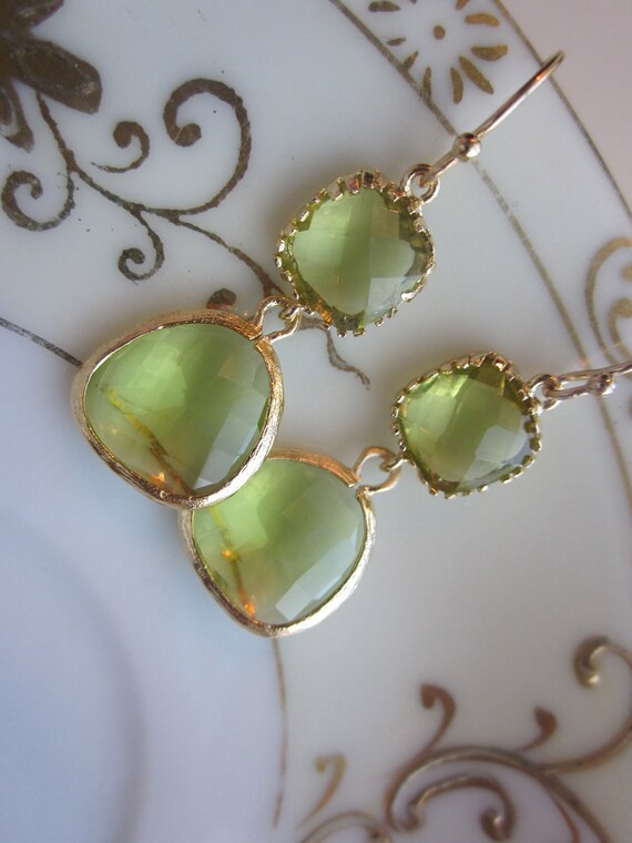 Peridot Earrings Green Apple Two Tier Gold Plated - Bridesmaid Earrings Wedding Earrings Christmas Gift