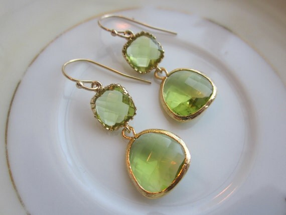 Peridot Earrings Green Apple Two Tier Gold Plated - Bridesmaid Earrings Wedding Earrings Christmas Gift