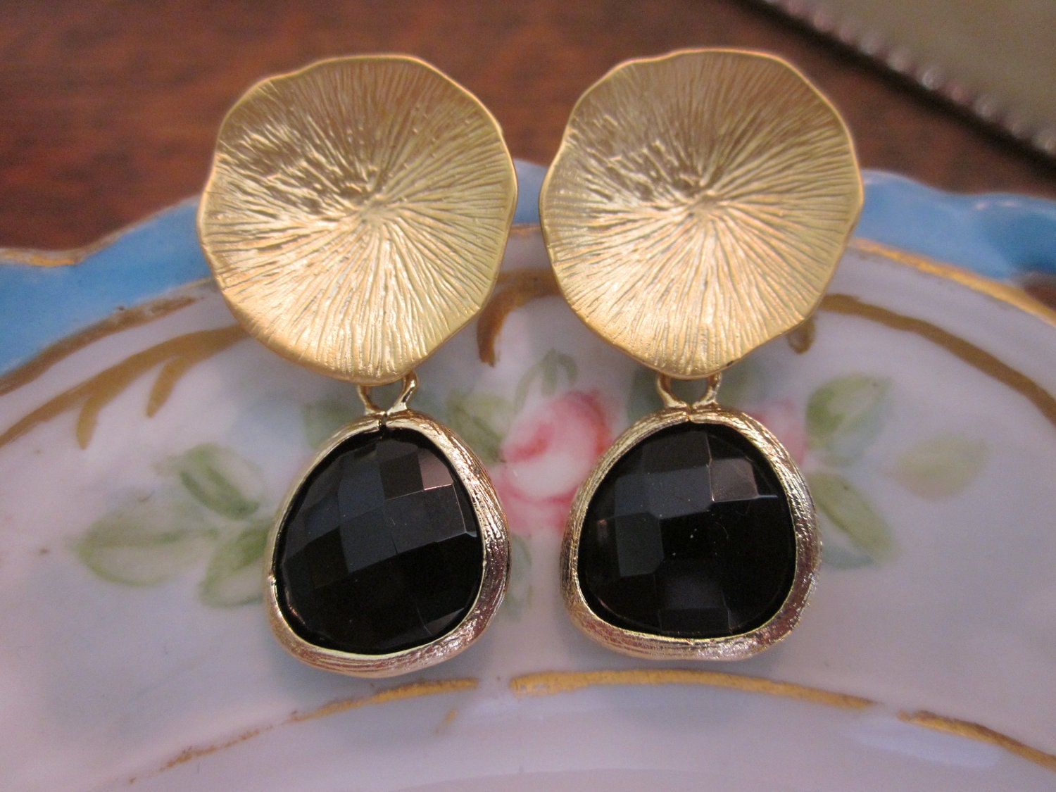 Black Onyx Earrings with Gold Mushroom Coral - Bridesmaid Earrings - Bridal Earrings