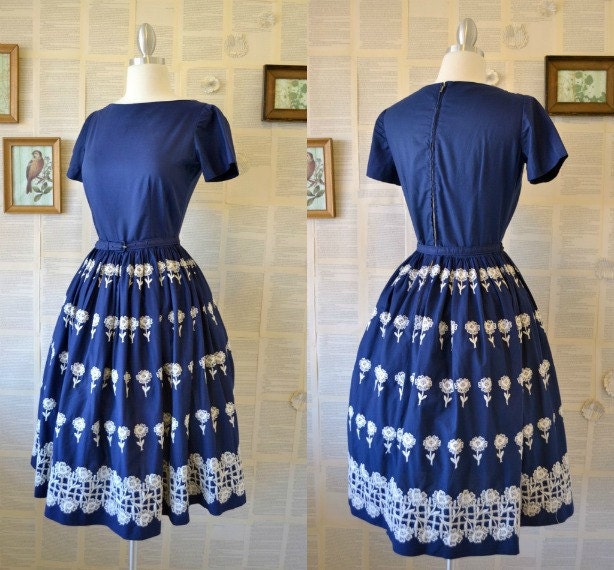 RESERVED----------------1950s Navy Floral Embroidered Dress