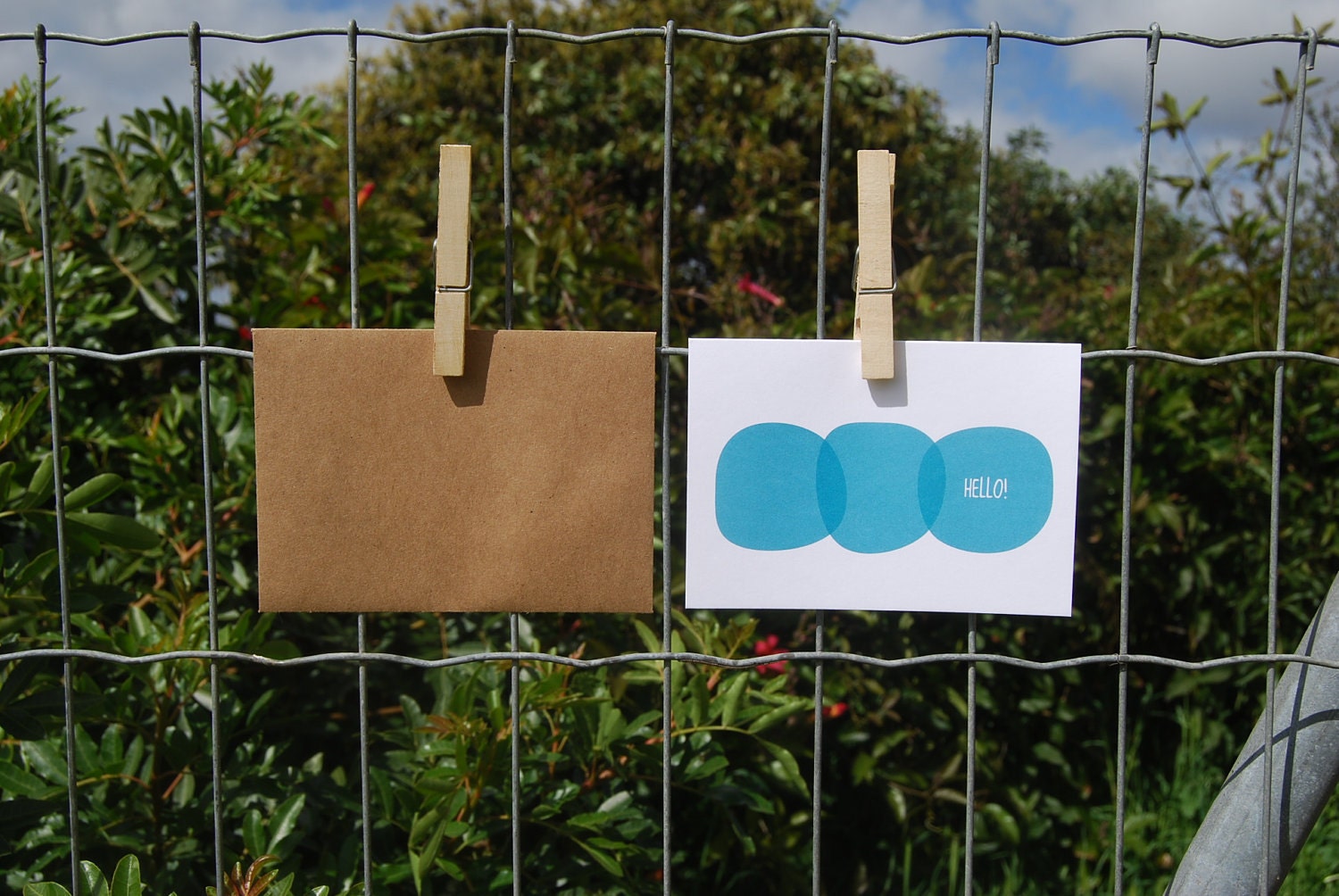 Hello / Set of 4 Simple, Modern, Turquoise, Folded Cards with Kraft Envelope