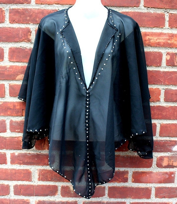 Vintage Sheer Black Bead and Diamond Rhinestone Shawl Cape