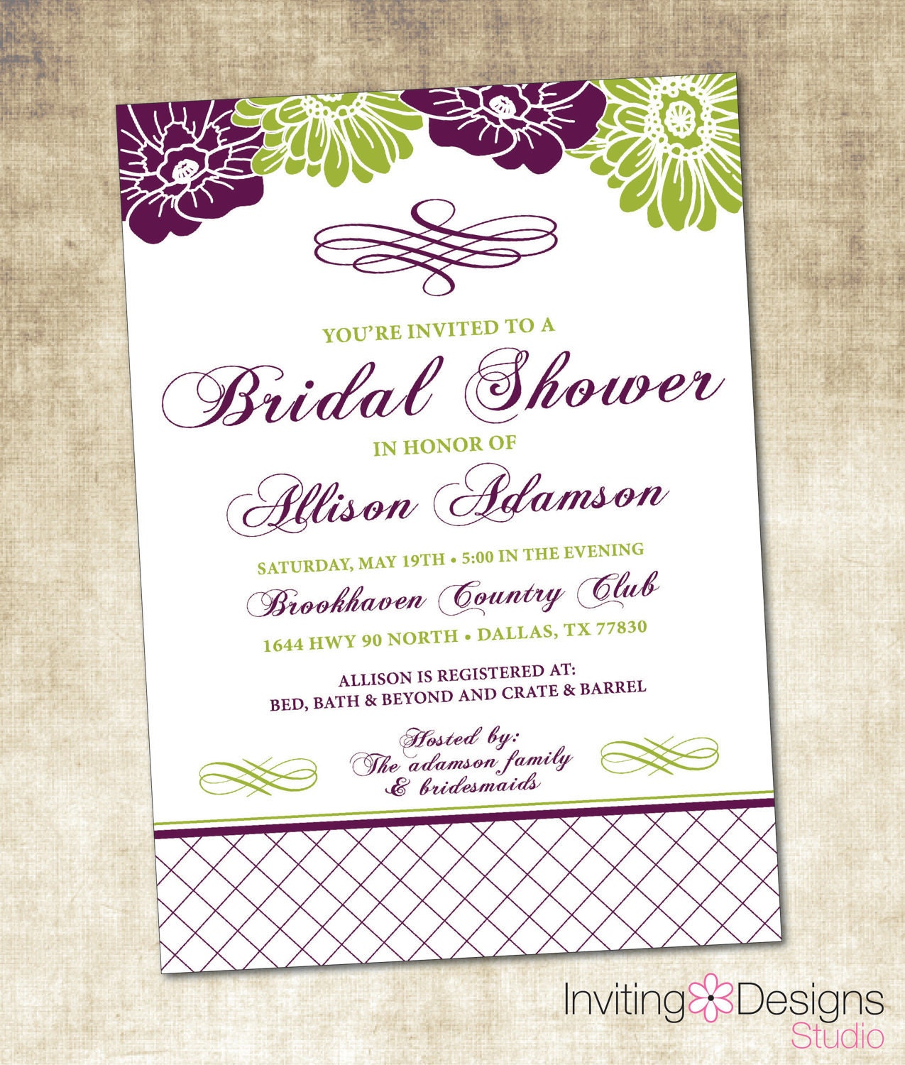 Bridal Shower Invitation - Floral, Eggplant Purple, Green (PRINTABLE ...