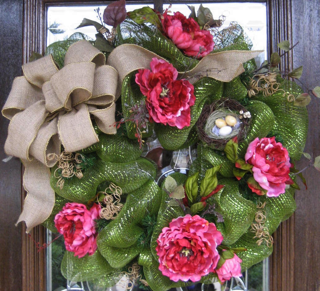 Deco Mesh BURLAP and FLOWERS Spring and Summer Wreath
