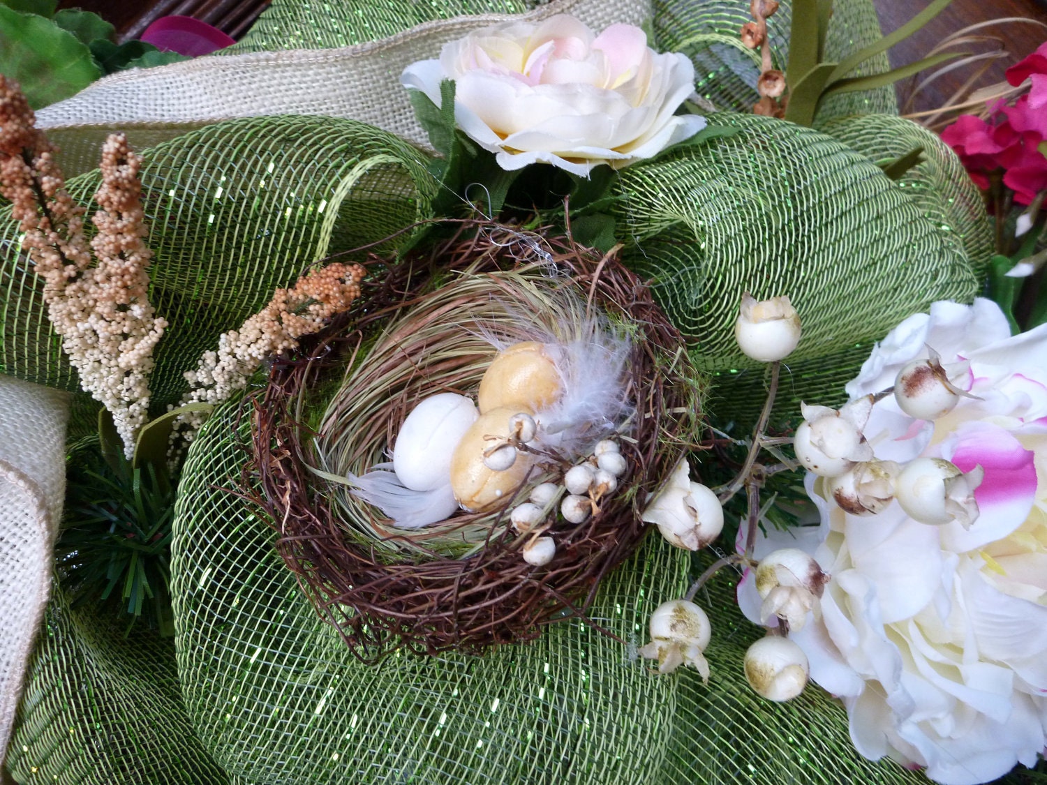 Deco Mesh SPRING WREATH with Natural Burlap Bow