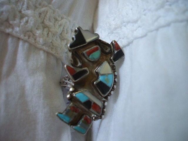 SALE ZUNI Turquoise RAINBOW Man Channel Iinlay Mosaic Ring