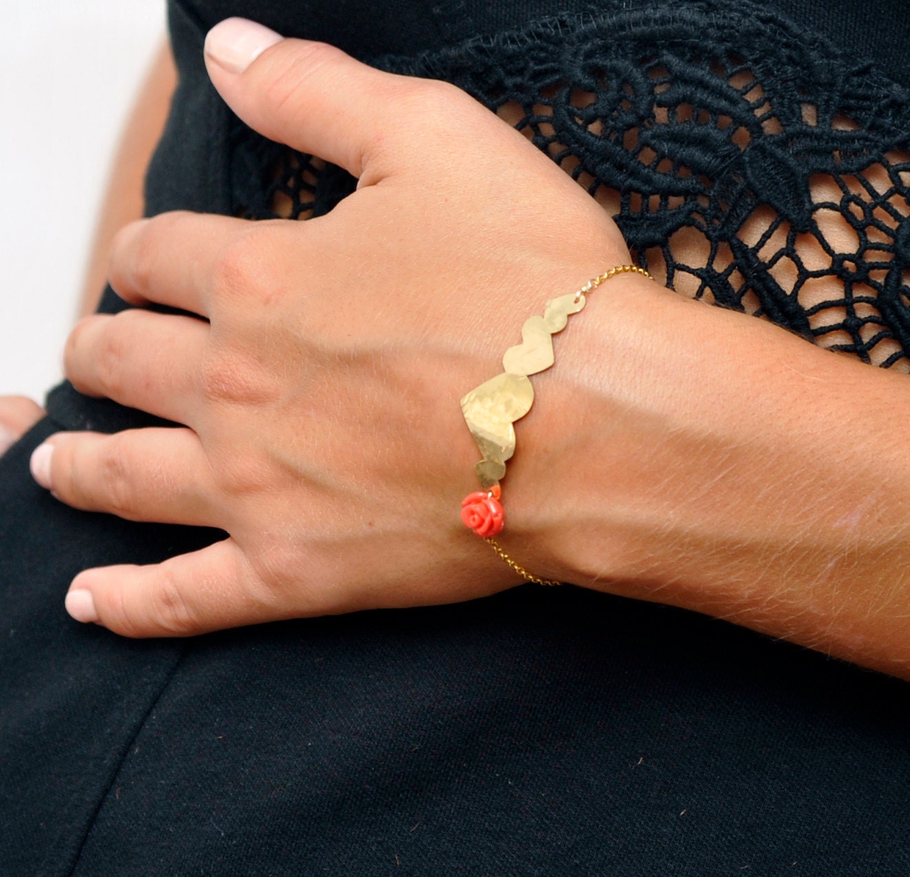 Flower & Hearts Plate bracelet. 14kt gold filled