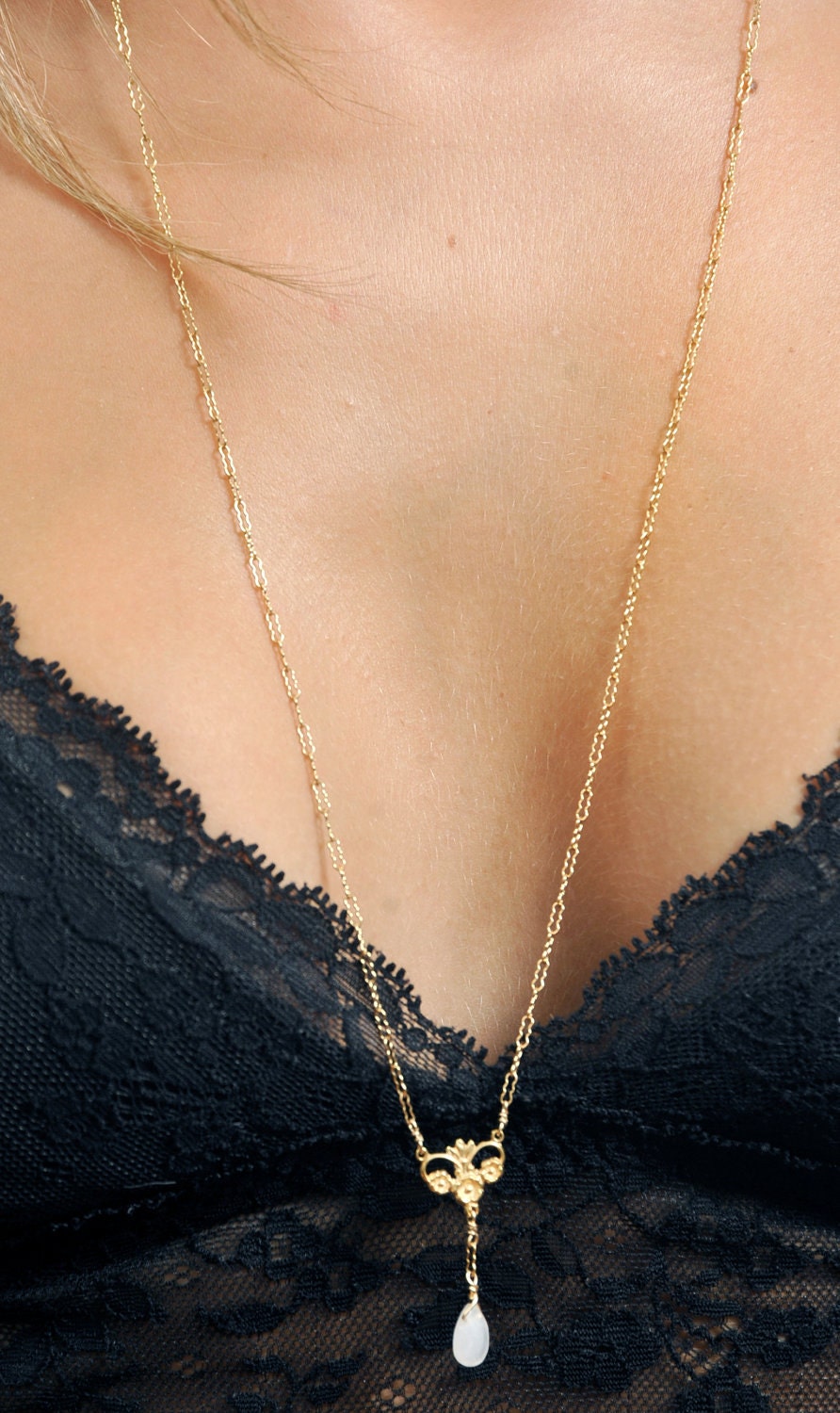 delicate Floral Rose Quartz long drip necklace. 14kt gold filled
