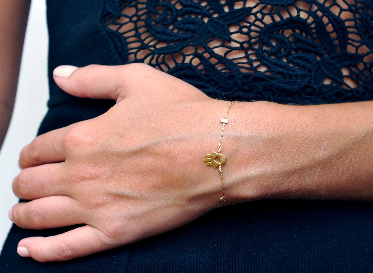 Heart in Hand Hamsa nugget bracelet. 14kt gold filled