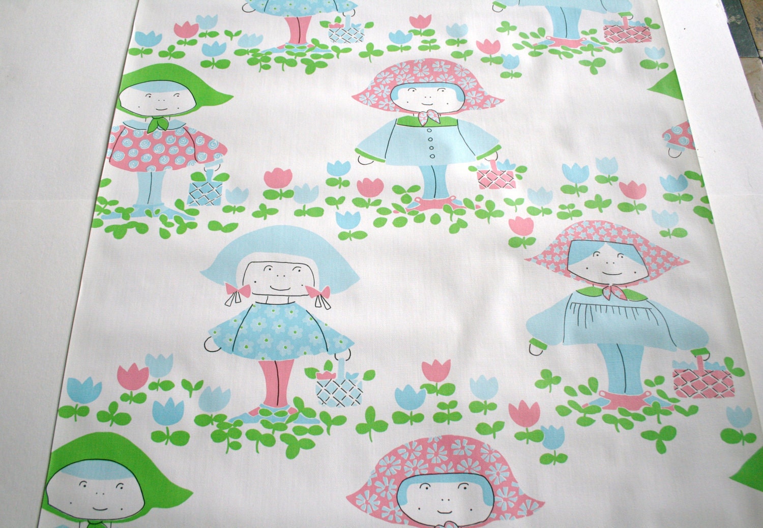 Vintage 1970s Wallpaper- Sweet Retro Girls with Picnic Baskets in Green and Blue- by the yard