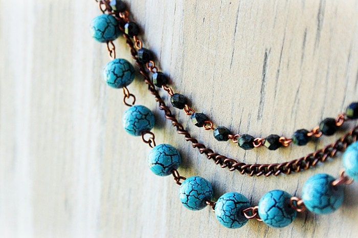 Crackled Turquoise Czech Glass and Antiqued Copper Beaded Bib Necklace