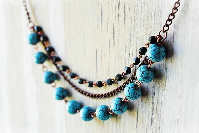 Crackled Turquoise Czech Glass and Antiqued Copper Beaded Bib Necklace