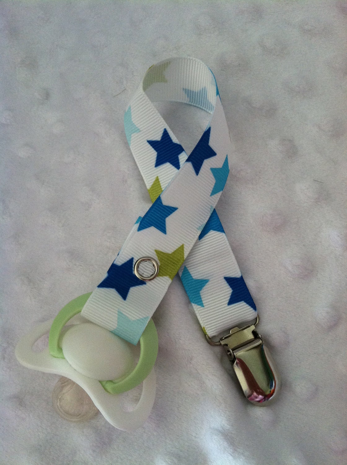 White with Navy Blue, Blue, Light Blue, and Green Stars Pacifier Clip Paci Clip Soothie Clip Binky Clip