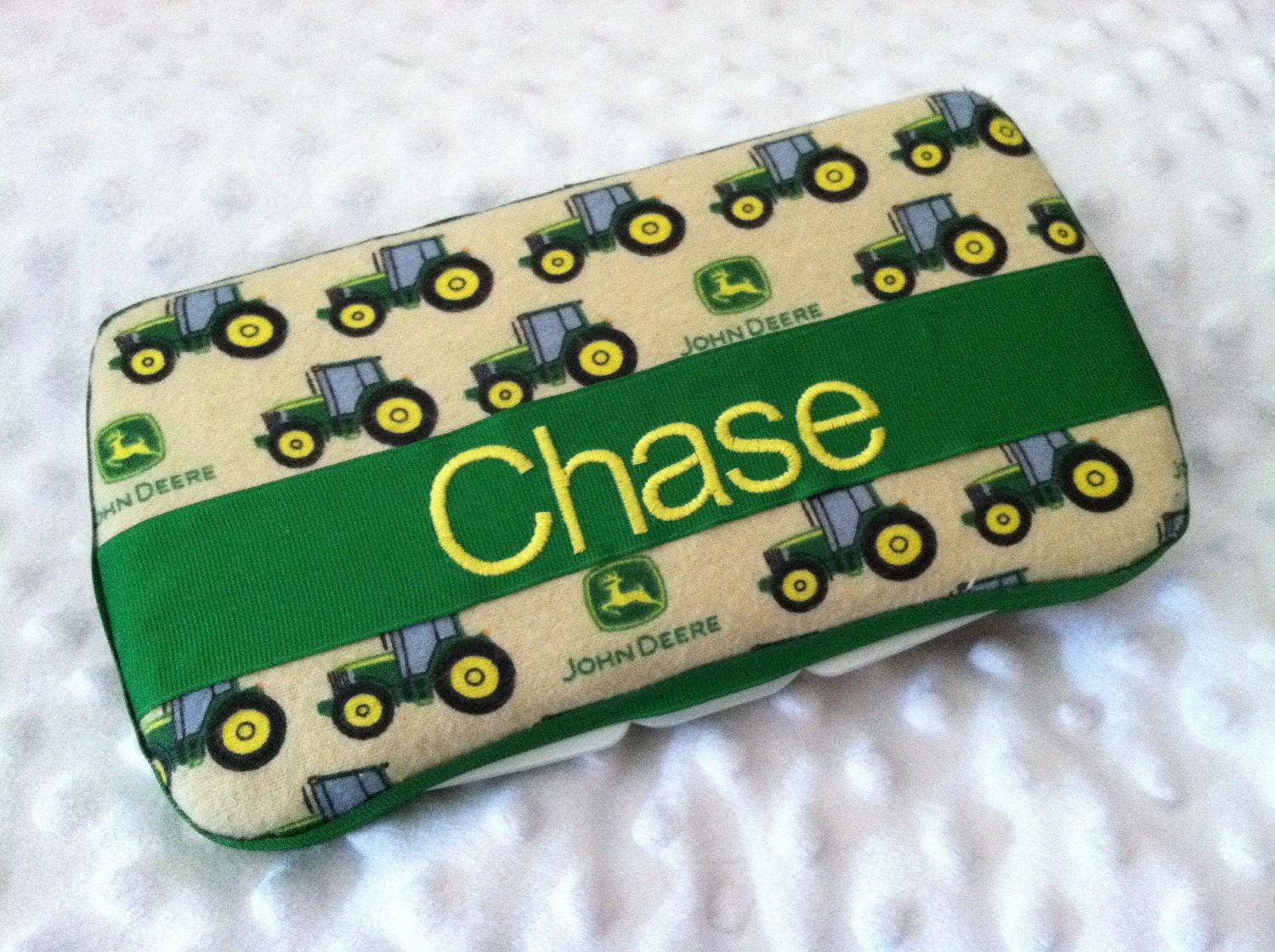 Custom Personalized John Deere Inspired Tractors with Name Embroidered Boutique Diaper Baby Wipes Case Brown, Green, Yellow