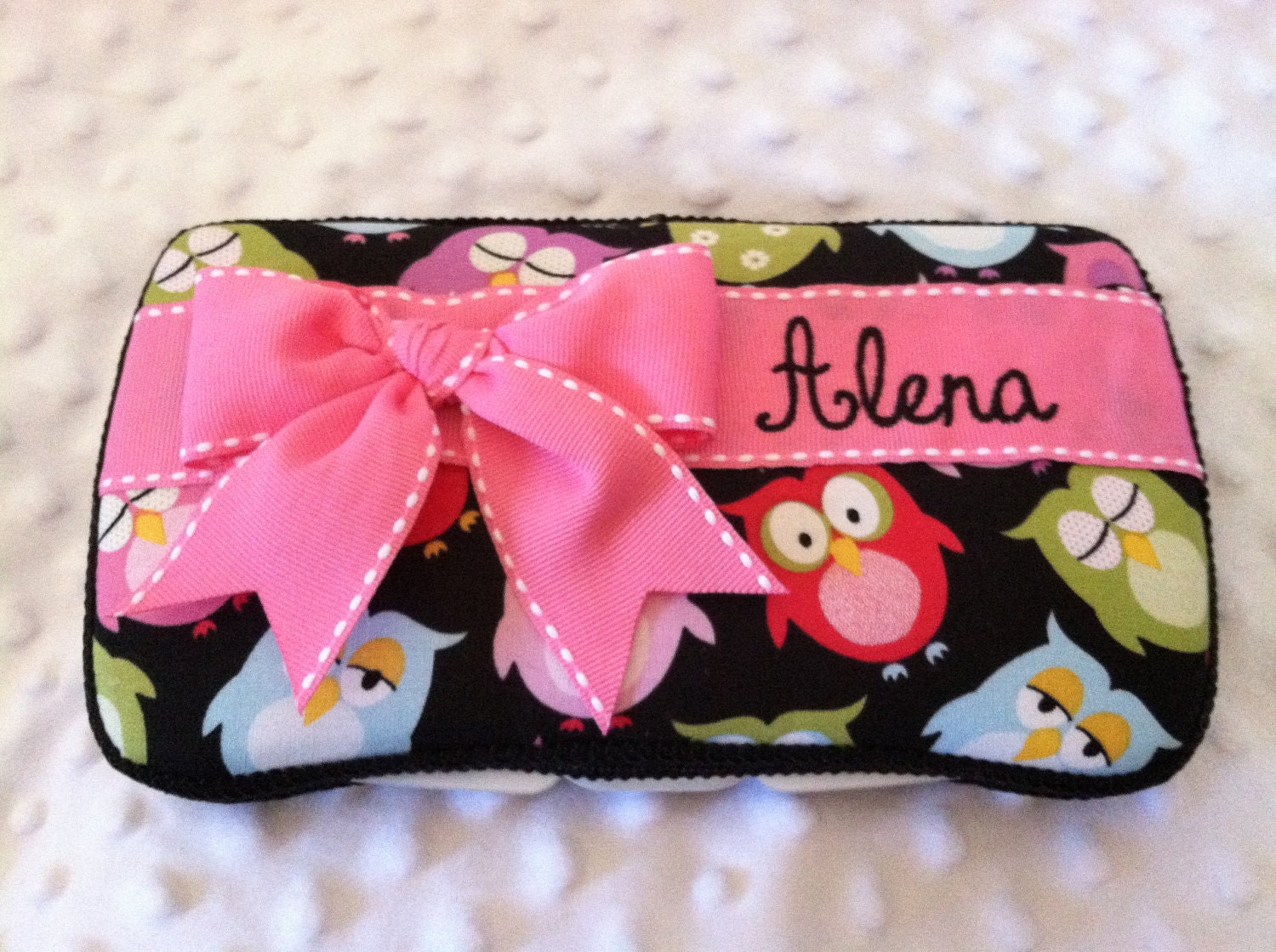 Custom Sleepy Time Owls with a Bow and Name Embroidered Boutique Diaper Wipes Case