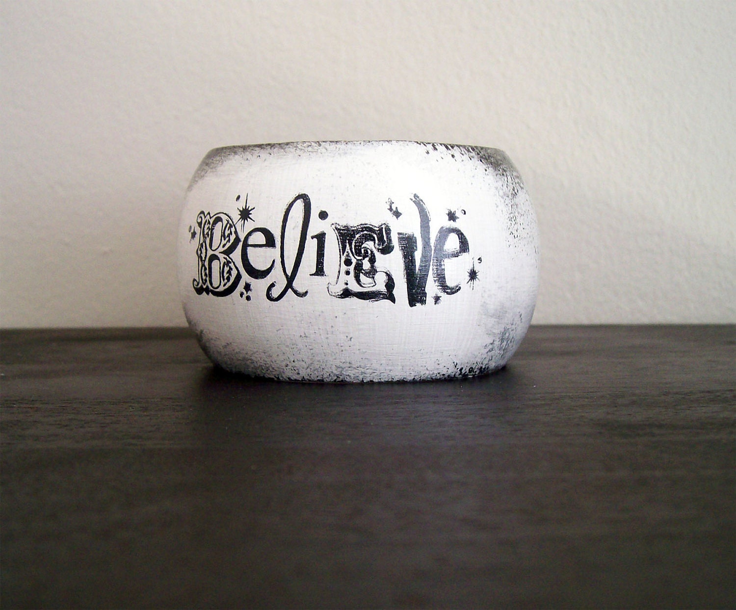 From the Artist Believe Affirmation, One of a Kind Handpainted White, Silver and Black,Wooden Bangle (Large)
