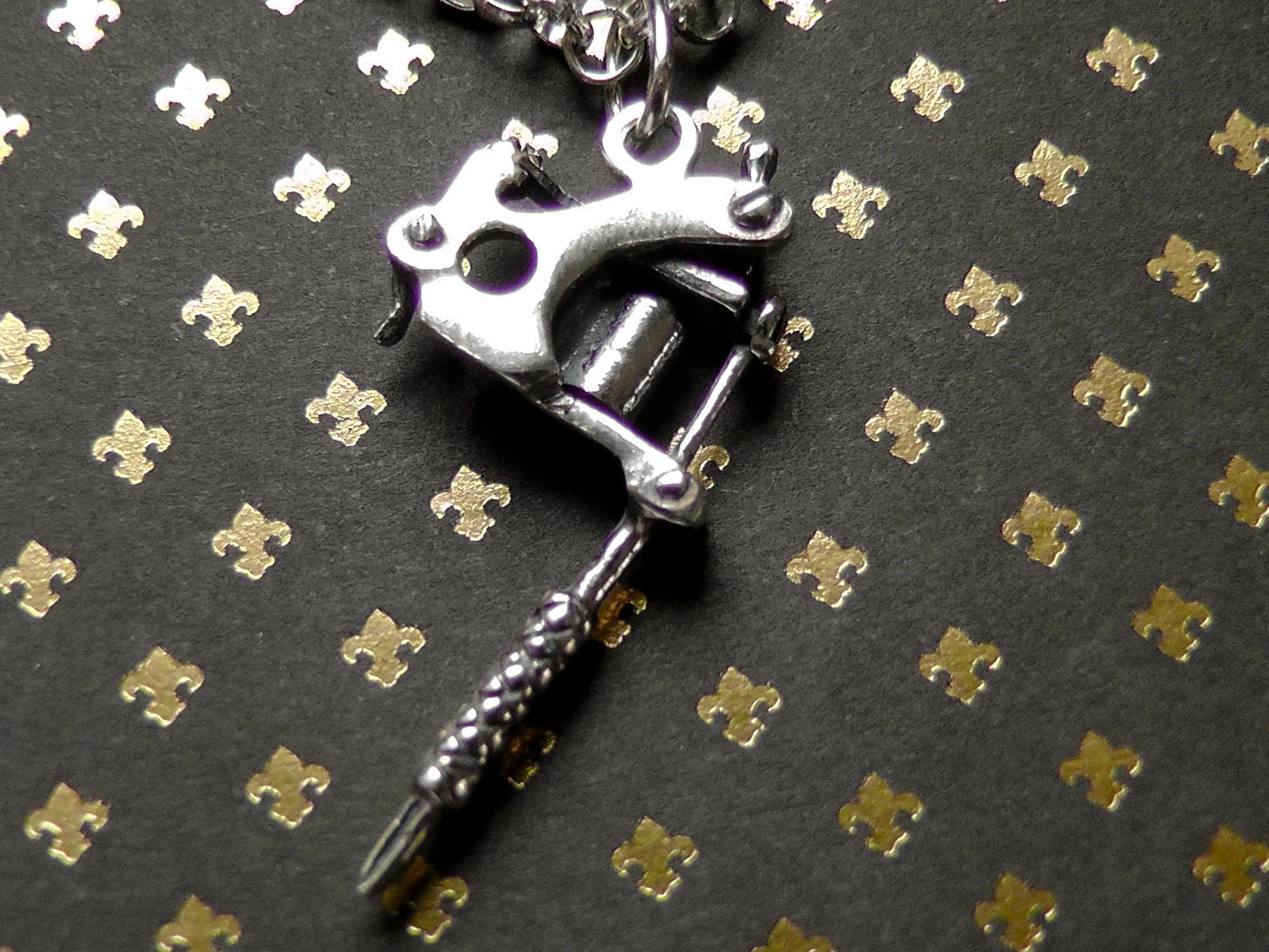 Sterling Silver Tattoo Gun Charm Necklace : Silver