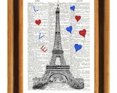 Love Paris Print,  Eiffel Tower Vintage illustration, Dictionary Art Print,  Collage print  Dictionary, wall art, home decor