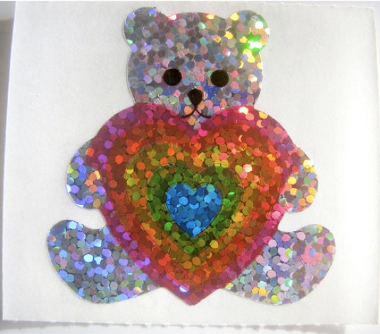 Rare Vintage Hambly Glitter Rainbow Heart Bear Sticker 80's