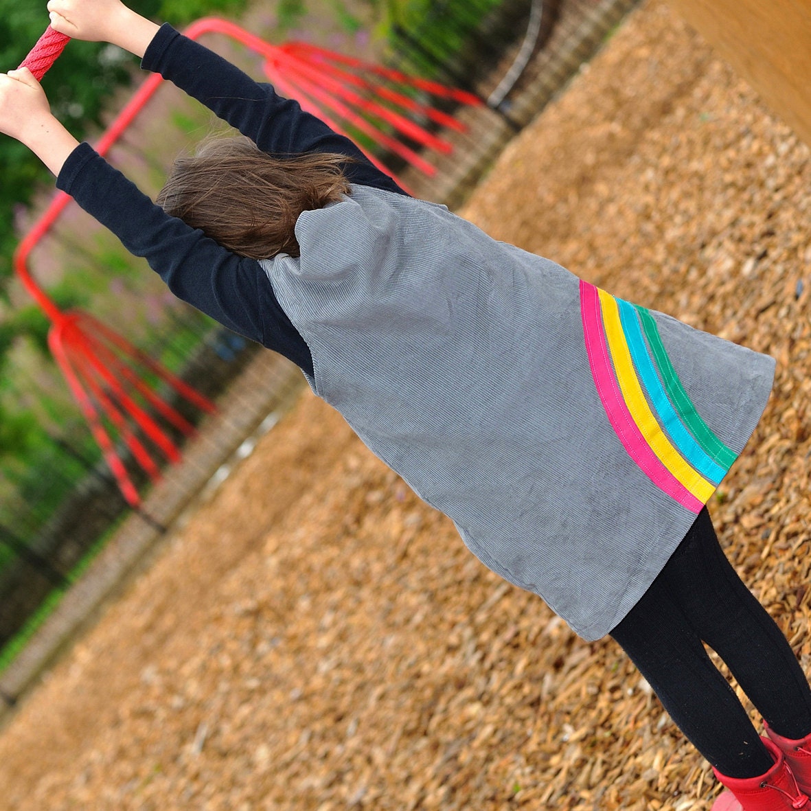 RAINBOW & silver cloud- Little girls dress-grey corduroy age 6M to 6T-Wild Things Dresses