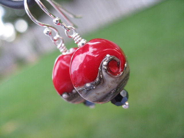 SALE Deep Red Sea Lampwork Glass Beads Sterling Silver Earrings Jewelry