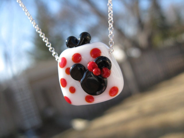 Minnie Mouse Purse Necklace Pendant Minnie Lampwork Glass Beads Jewelry Sterling Disney